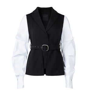 Lapargay Contrast Stitching Shirt-Style Blazer Waist-Cinching Belt Commuting Style Top L63301222B - Lapargay