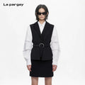 Lapargay Contrast Stitching Shirt-Style Blazer Waist-Cinching Belt Commuting Style Top L63301222B - Lapargay
