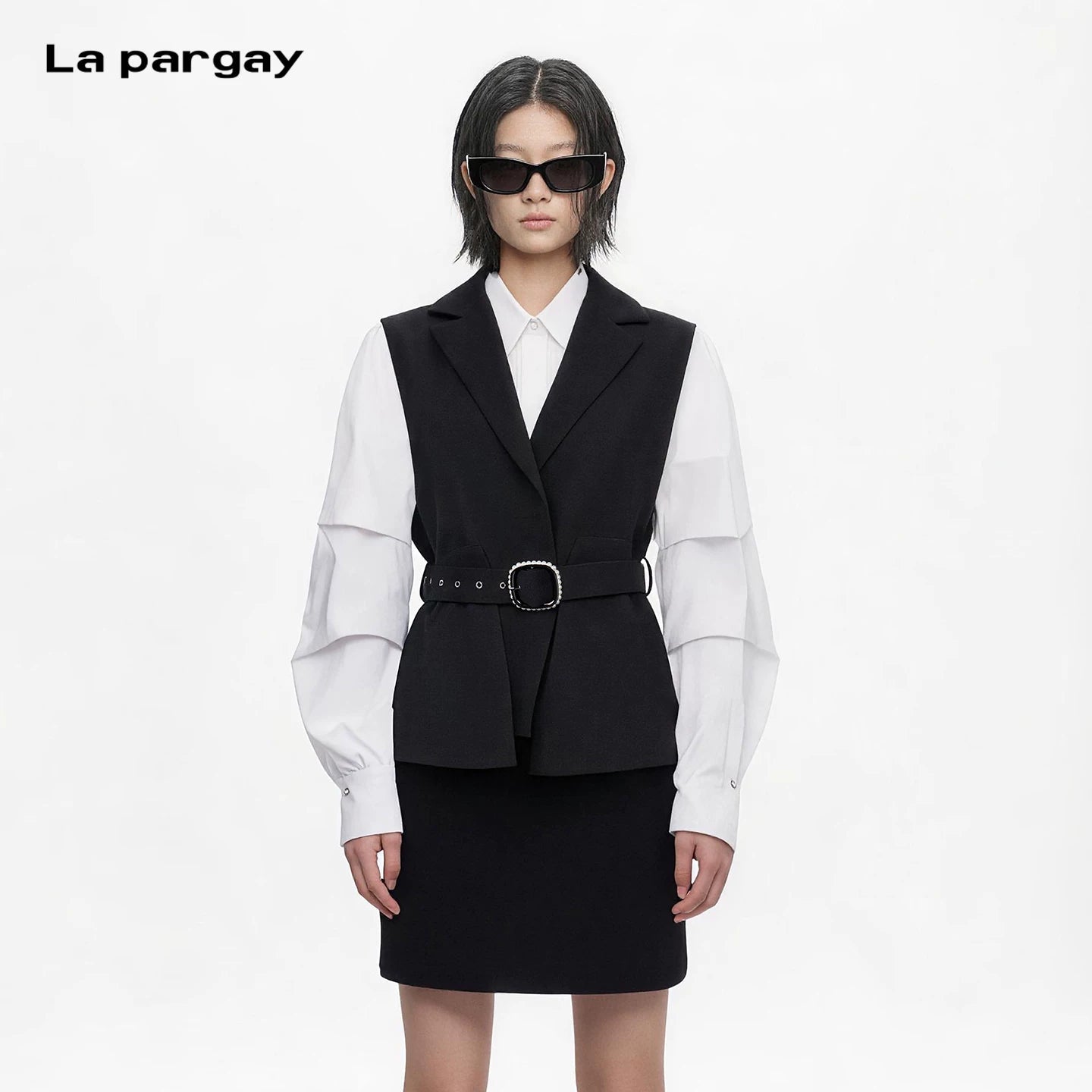 Lapargay Contrast Stitching Shirt-Style Blazer Waist-Cinching Belt Commuting Style Top L63301222B - Lapargay
