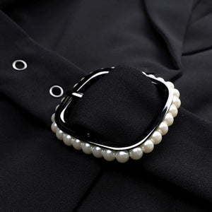 Lapargay Contrast Stitching Shirt-Style Blazer Waist-Cinching Belt Commuting Style Top L63301222B - Lapargay