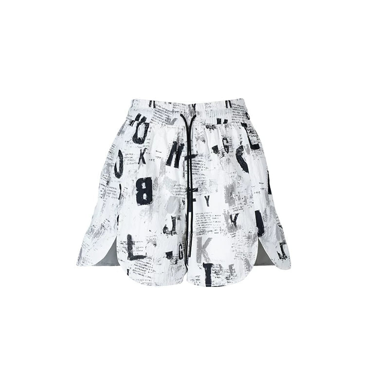 Lapargay Cool Letter Print, Drawstring Elastic Waist, Lightweight Side-Slit Casual Shorts L78202210V - Lapargay