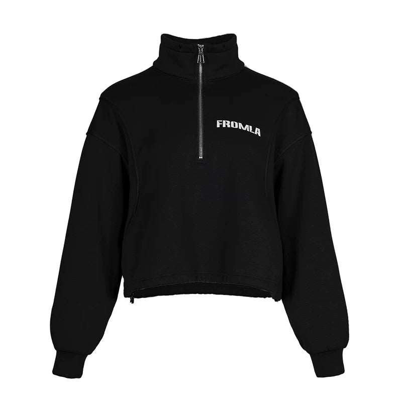 Lapargay Cool Stand Collar Short Sweatshirt, Half Zipper Design, Letter Print Top L78101980C - Lapargay