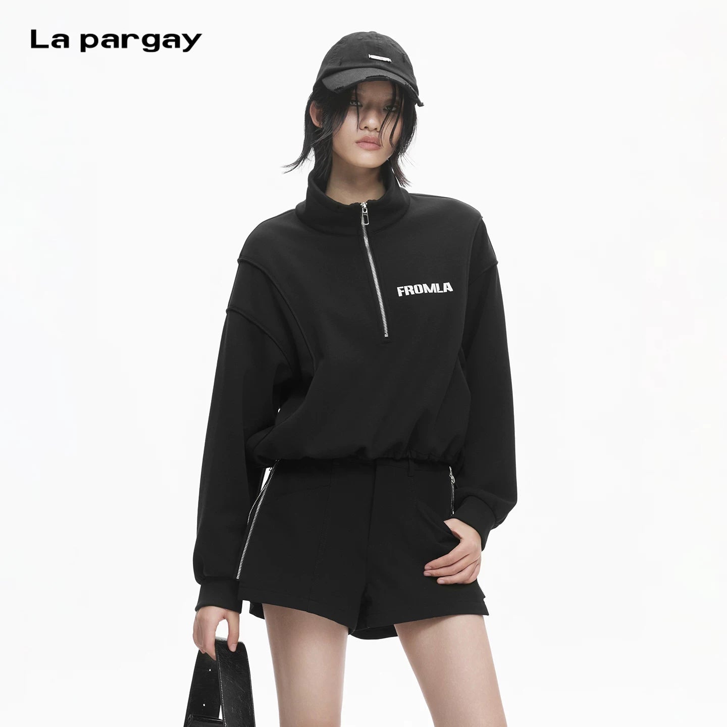 Lapargay Cool Stand Collar Short Sweatshirt, Half Zipper Design, Letter Print Top L78101980C - Lapargay