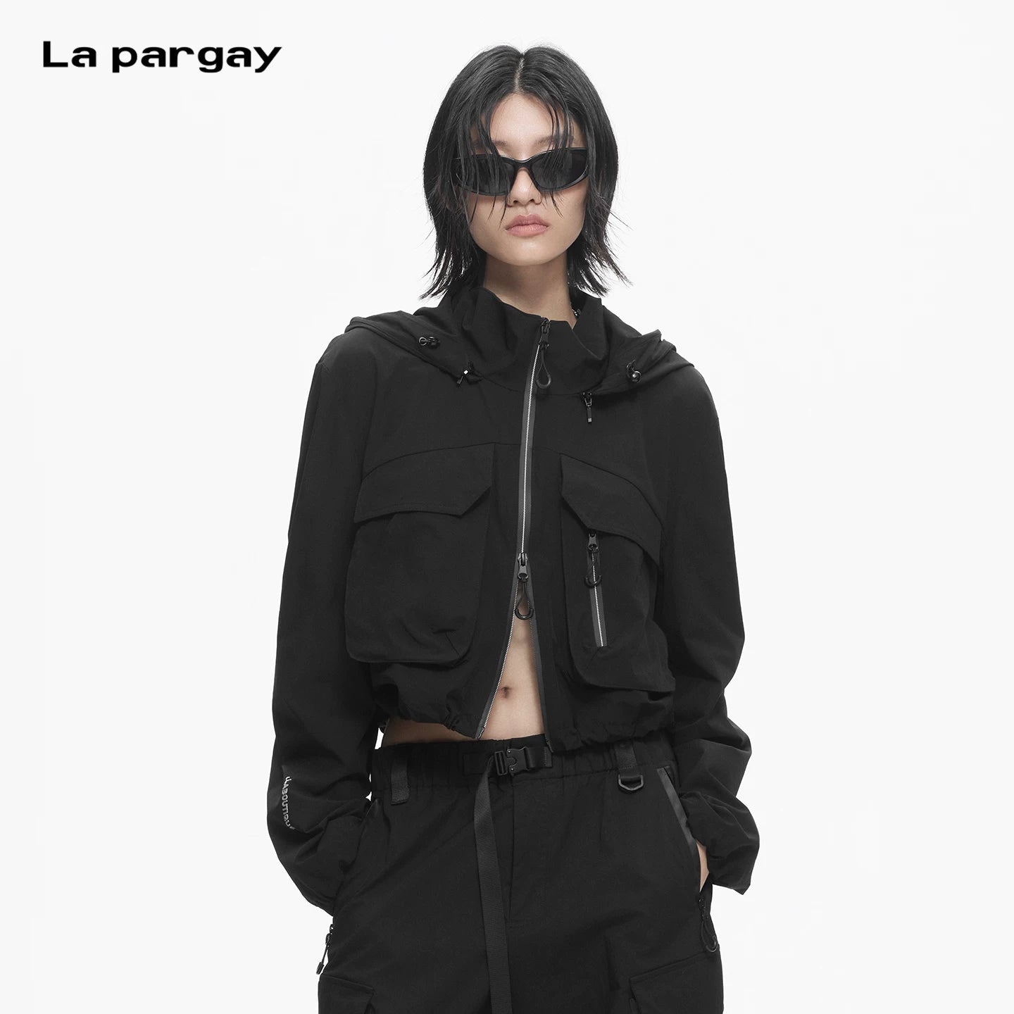 Lapargay Dark Cyberpunk Style, Short Hooded Jacket with Multi-Pocket Cargo Design L78101212S - Lapargay