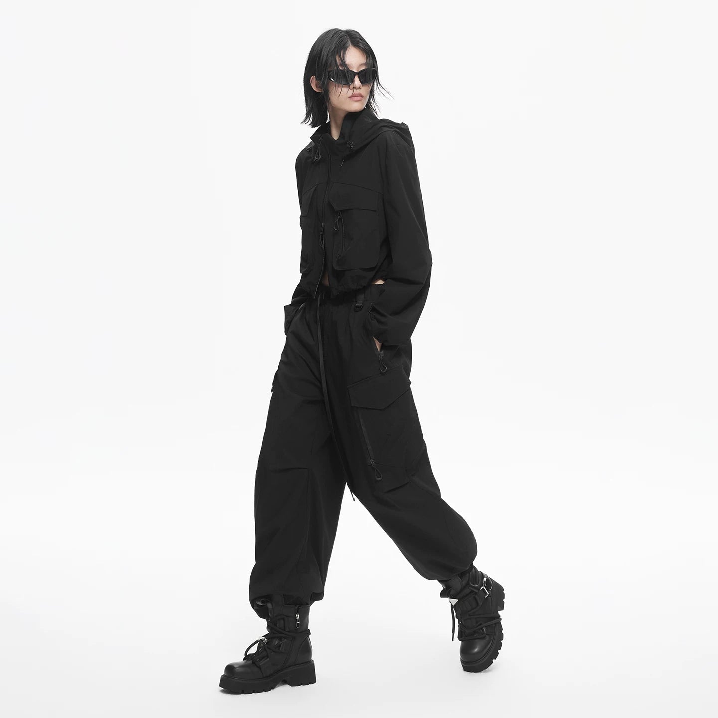 Lapargay Dark Cyberpunk Style, Short Hooded Jacket with Multi-Pocket Cargo Design L78101212S - Lapargay