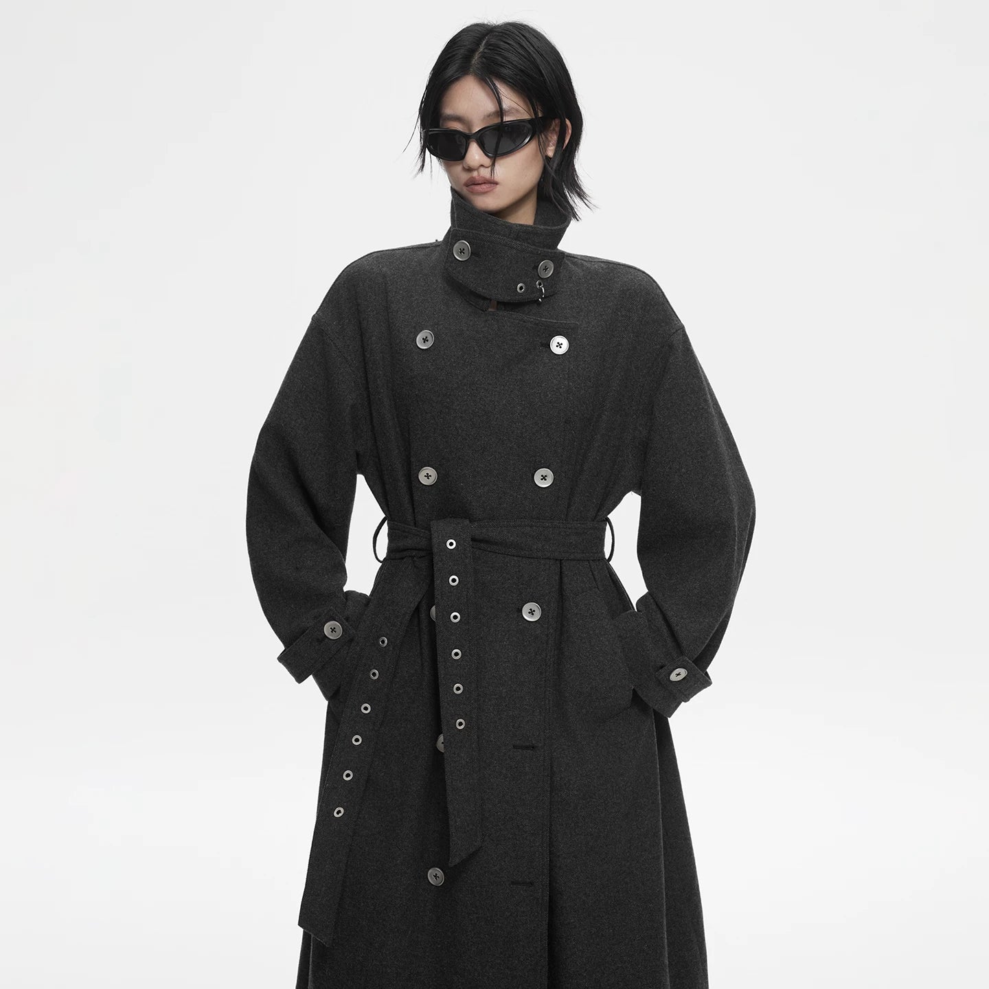 Lapargay Dark Gray Double-Breasted Drop Shoulder Trench Coat Modern Deconstruction Wide Belt Design L78101602V - Lapargay