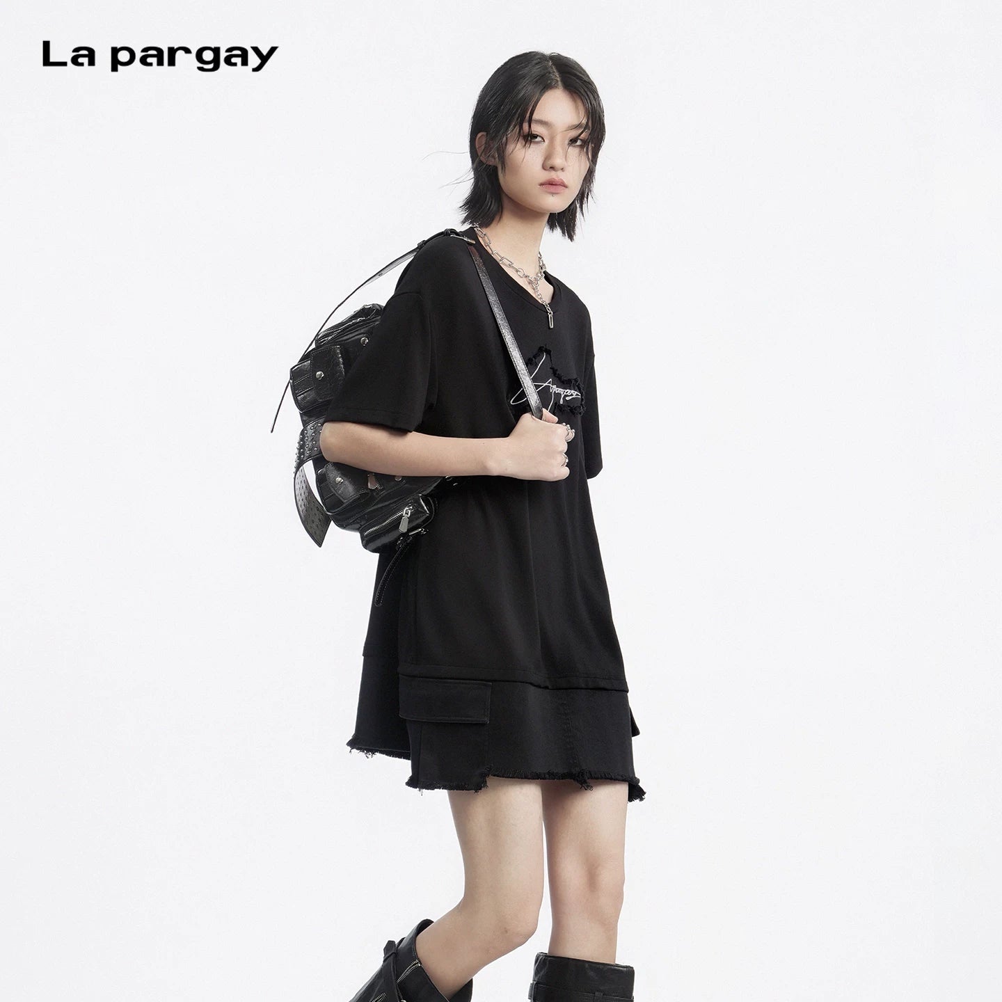 Lapargay dark style T-shirt dress layered patchwork structure loose figure-flattering fit L78209006V - Lapargay