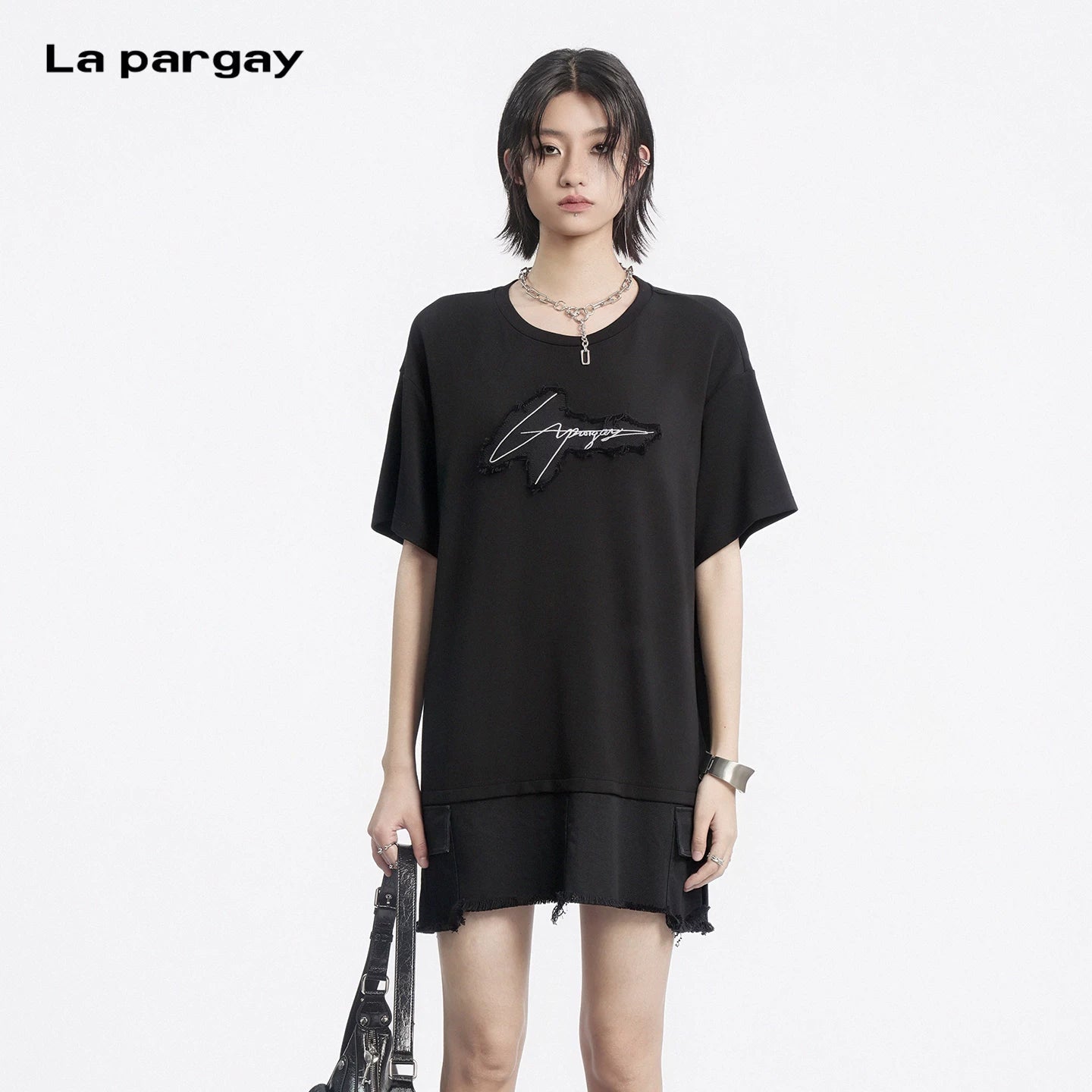 Lapargay dark style T-shirt dress layered patchwork structure loose figure-flattering fit L78209006V - Lapargay