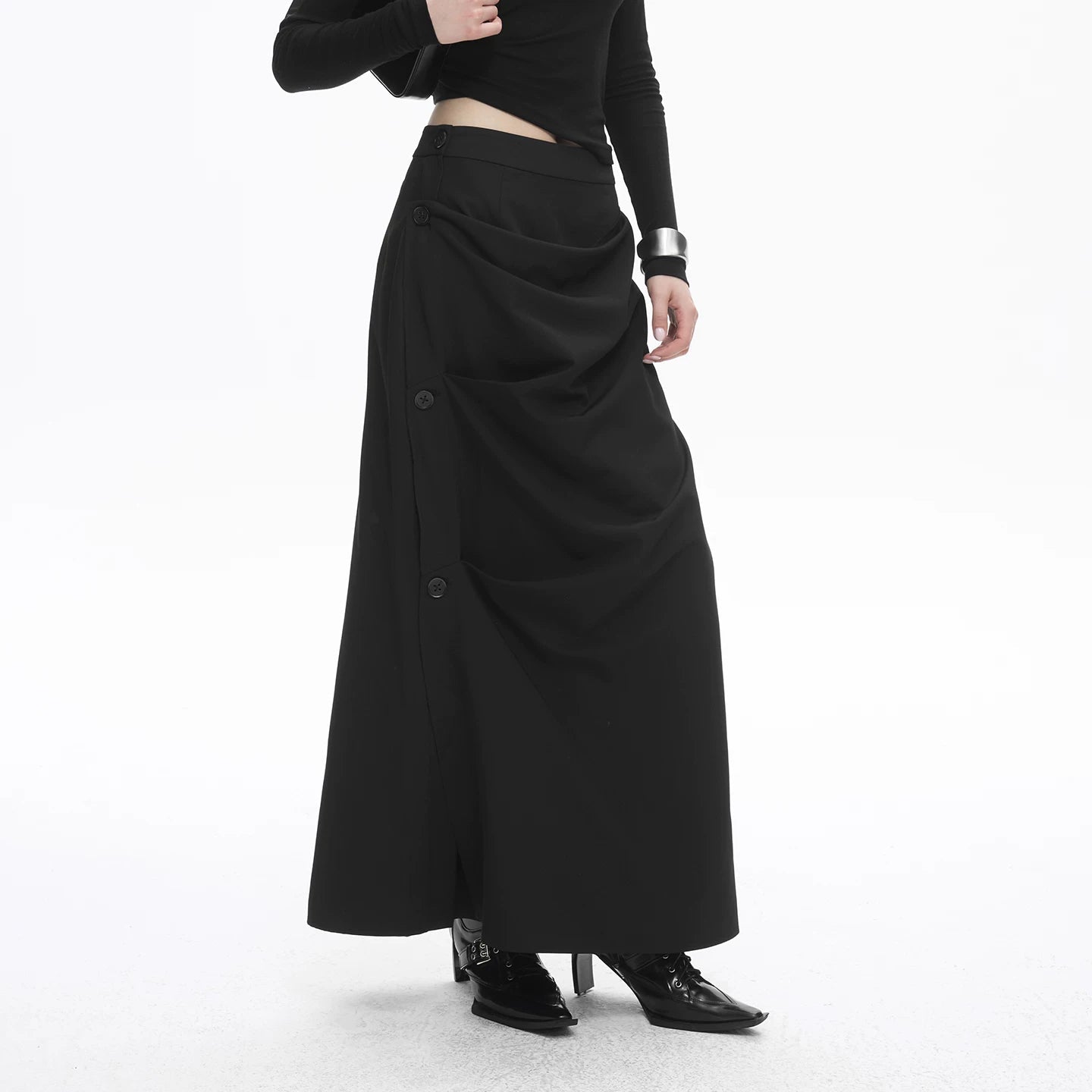 Lapargay deconstructed pleated long skirt, single side button row, high-waisted slimming little black skirt L78109112V - Lapargay