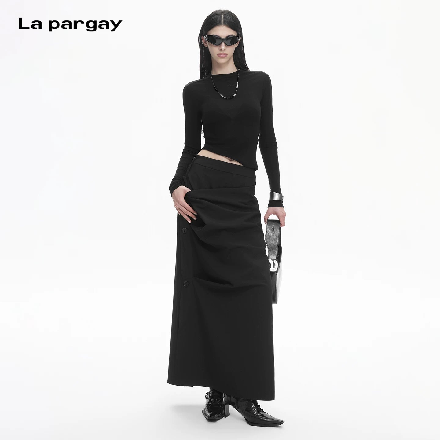 Lapargay deconstructed pleated long skirt, single side button row, high-waisted slimming little black skirt L78109112V - Lapargay