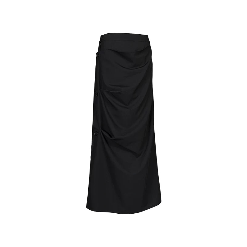 Lapargay deconstructed pleated long skirt, single side button row, high-waisted slimming little black skirt L78109112V - Lapargay