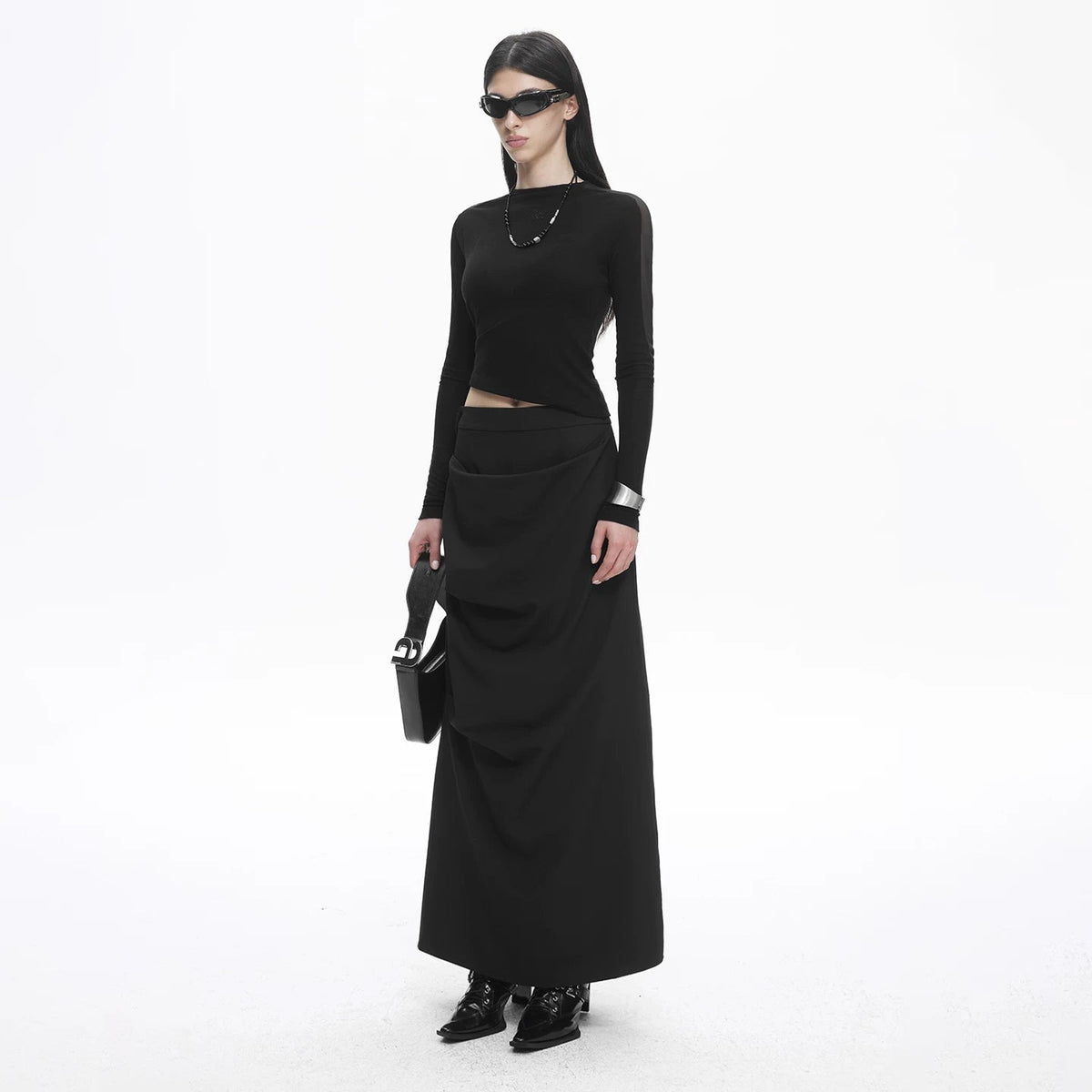 Lapargay deconstructed pleated long skirt, single side button row, high-waisted slimming little black skirt L78109112V - Lapargay
