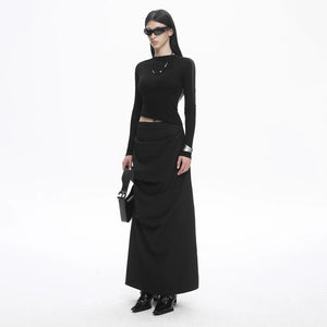Lapargay deconstructed pleated long skirt, single side button row, high-waisted slimming little black skirt L78109112V - Lapargay
