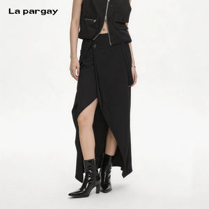 Lapargay Detachable Strap Black Midi Skirt Irregular Split Deconstructed Half Skirt L63109104S - Lapargay