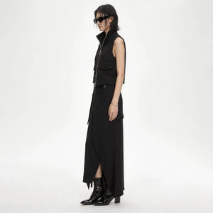 Lapargay Detachable Strap Black Midi Skirt Irregular Split Deconstructed Half Skirt L63109104S - Lapargay