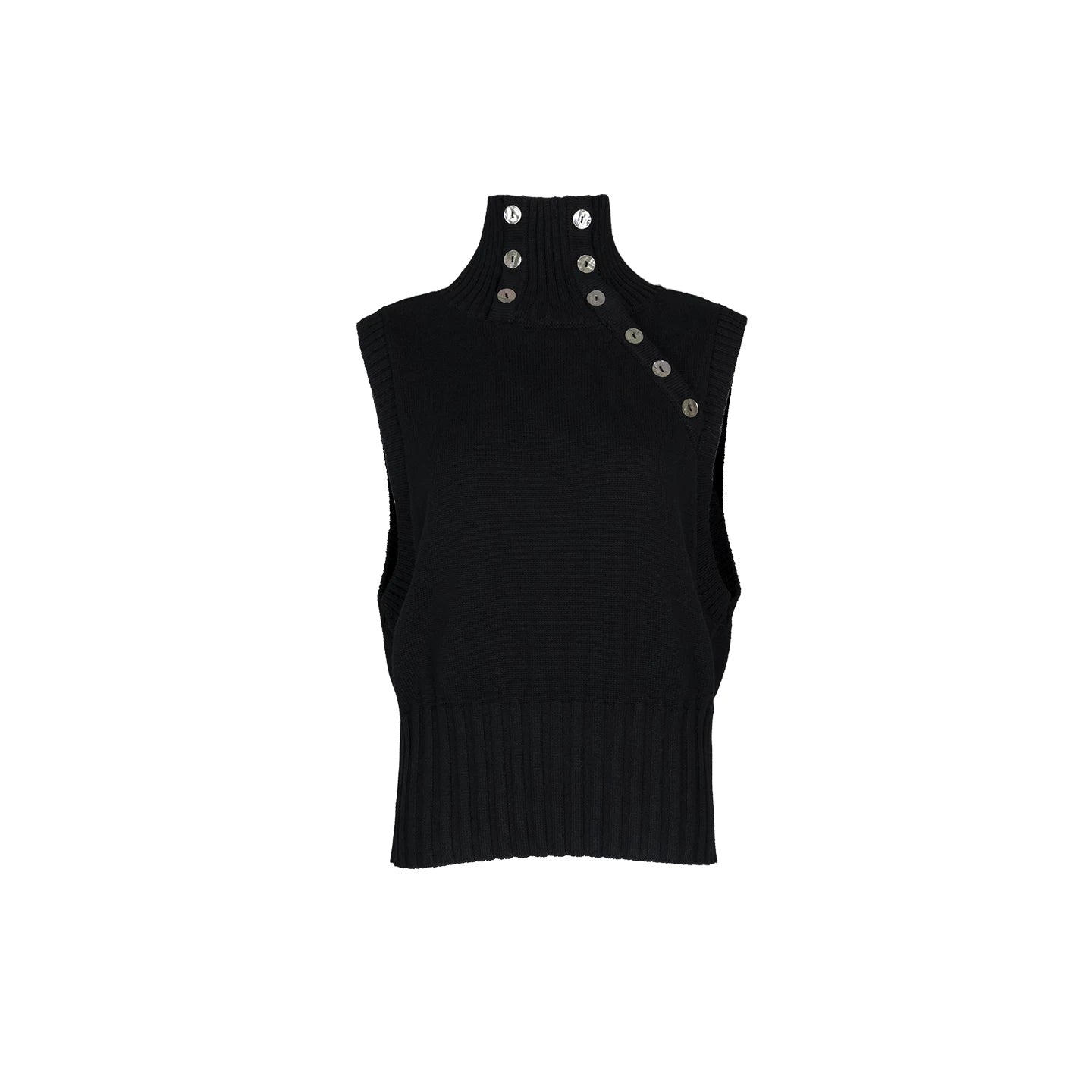 Lapargay Diagonal Button High Neck Knit Vest, Ribbed Waist, Cool Sleeveless Crop Top L78108205V - Lapargay