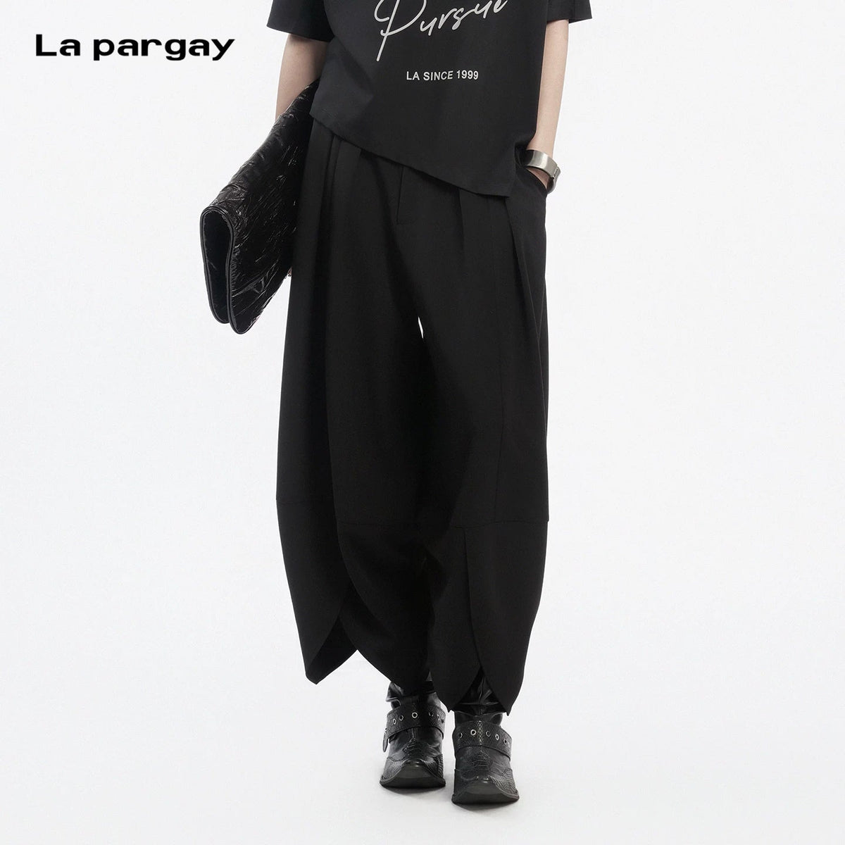 Lapargay Diagonal Button Waistband Casual Pants Split Hem Create High-End Relaxed Look L78202617S - Lapargay