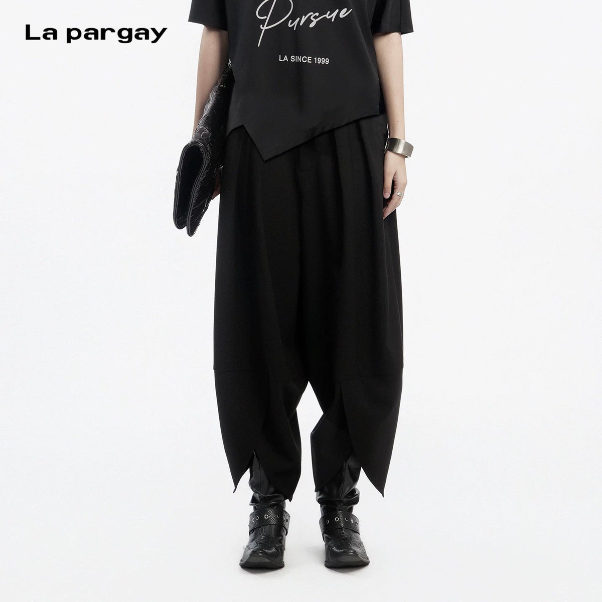 Lapargay Diagonal Button Waistband Casual Pants Split Hem Create High-End Relaxed Look L78202617S - Lapargay