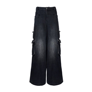 Lapargay Distressed Denim Casual Pants Stitched Line Design Multi-Pocket Cargo Pants L78202604V - Lapargay