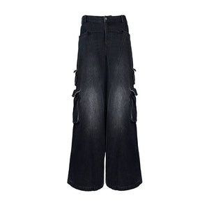 Lapargay Distressed Denim Casual Pants Stitched Line Design Multi-Pocket Cargo Pants L78202604V - Lapargay