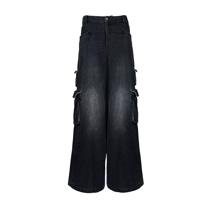 Lapargay Distressed Denim Casual Pants Stitched Line Design Multi-Pocket Cargo Pants L78202604V - Lapargay