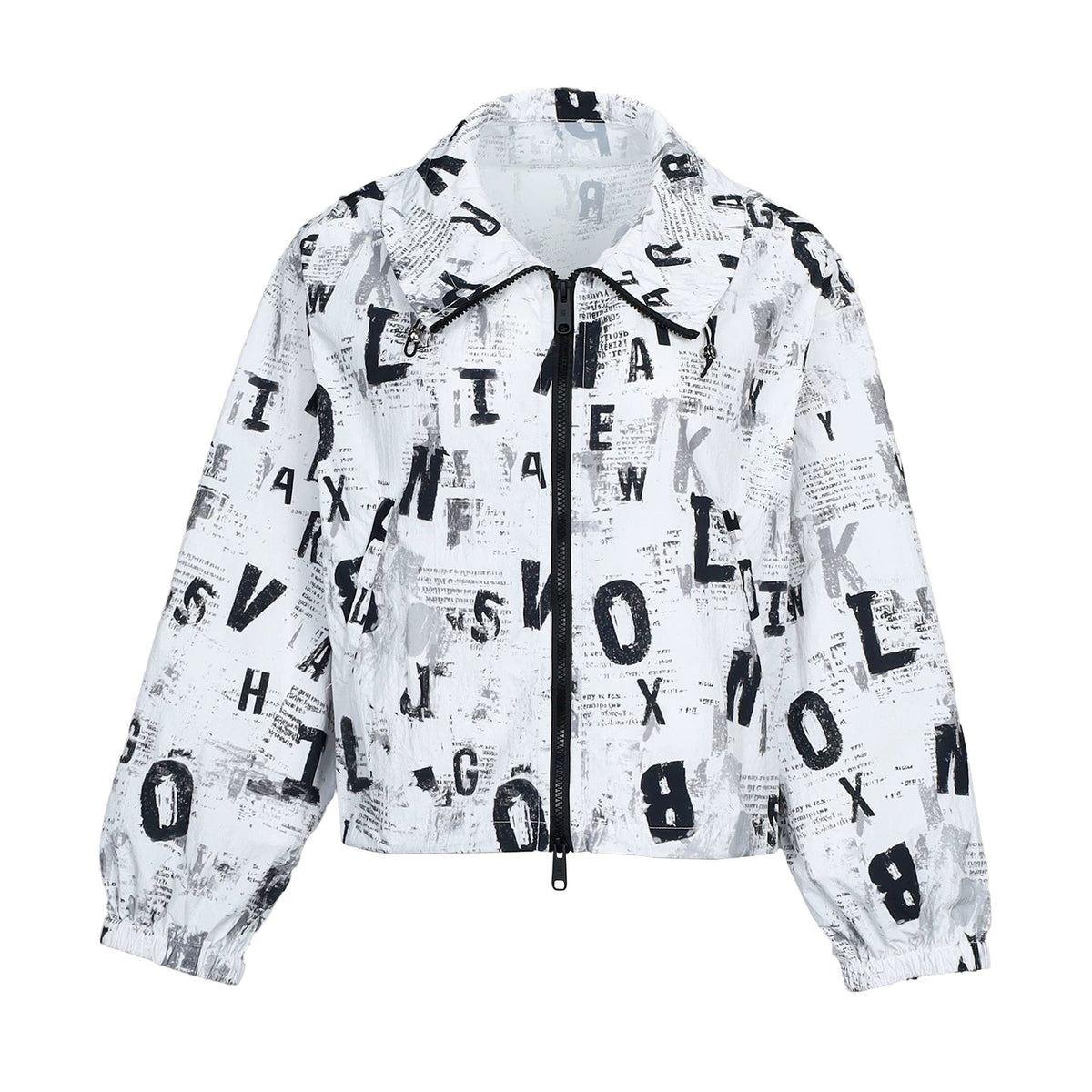 Lapargay Distressed Letter Newspaper Style, High Neck with Shirring, Lightweight Breathable Short Jacket L78201207V - Lapargay