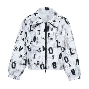Lapargay Distressed Letter Newspaper Style, High Neck with Shirring, Lightweight Breathable Short Jacket L78201207V - Lapargay