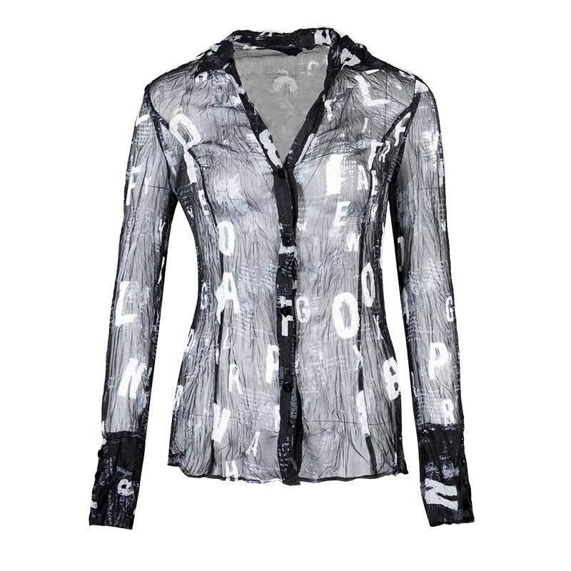 Lapargay Distressed Letter Print Sheer Pleated Chiffon Slim Fit Long-Sleeve Shirt L78201004V - Lapargay