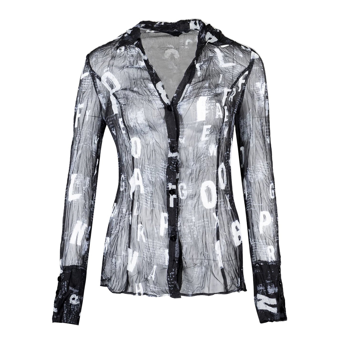 Lapargay Distressed Letter Print Sheer Pleated Chiffon Slim Fit Long-Sleeve Shirt L78201004V - Lapargay