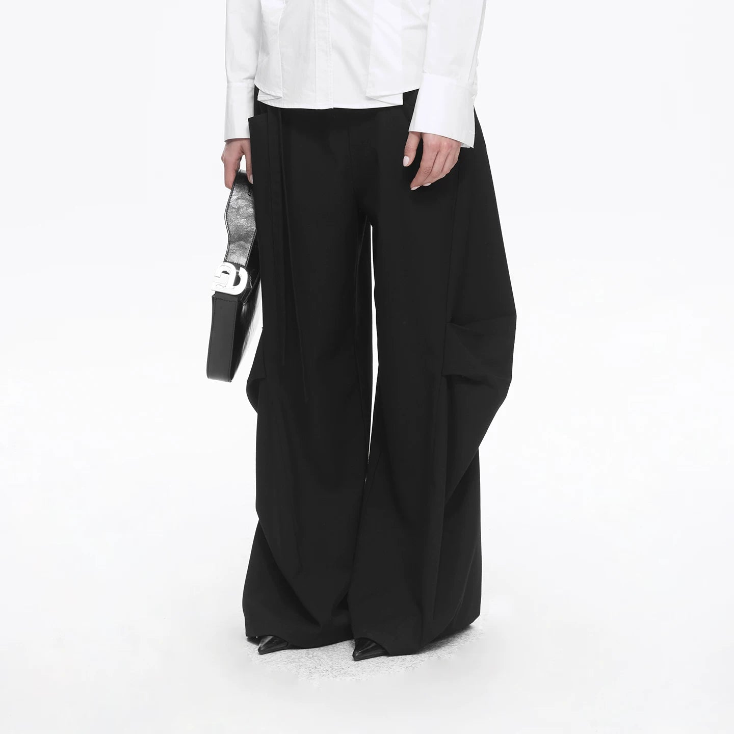 Lapargay Double Waistband Casual Pants, Ribbon Decoration, Pleated Wide-leg Trousers L78102602V - Lapargay