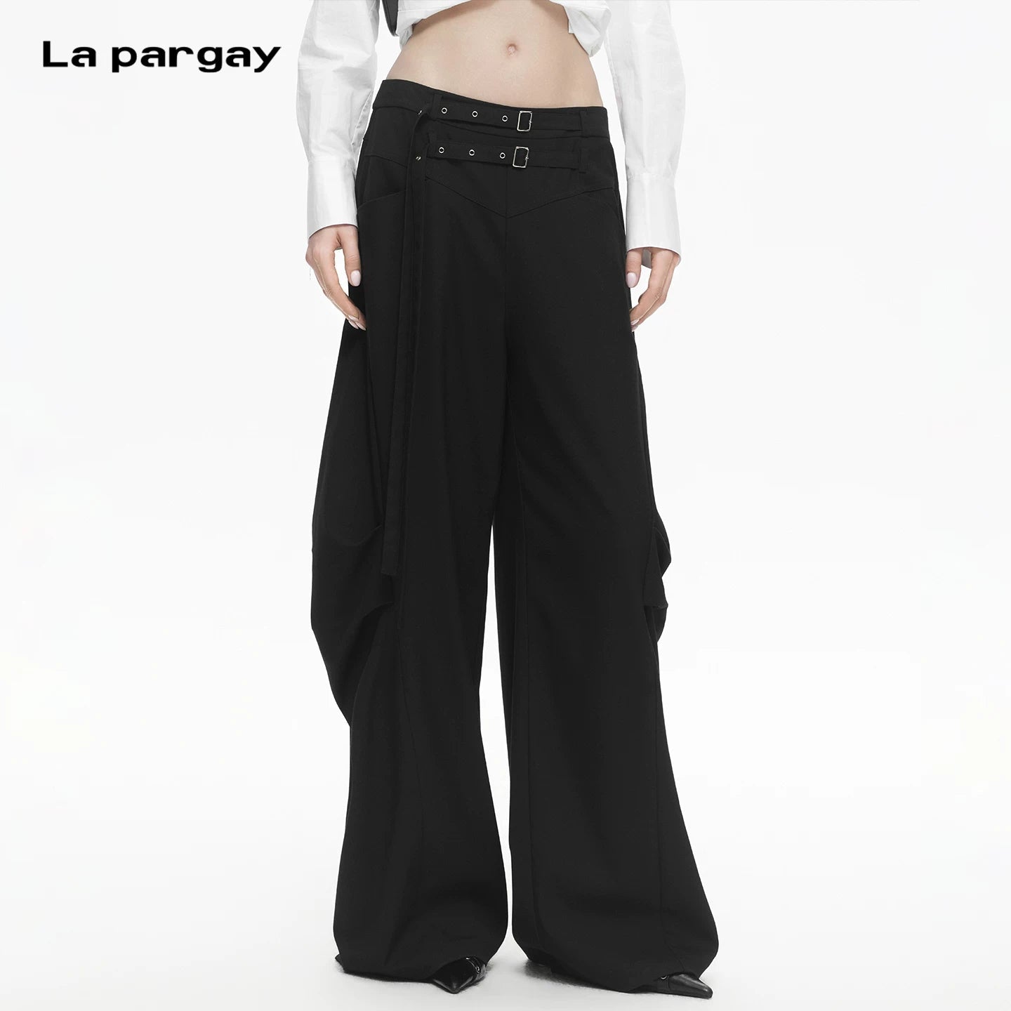 Lapargay Double Waistband Casual Pants, Ribbon Decoration, Pleated Wide-leg Trousers L78102602V - Lapargay