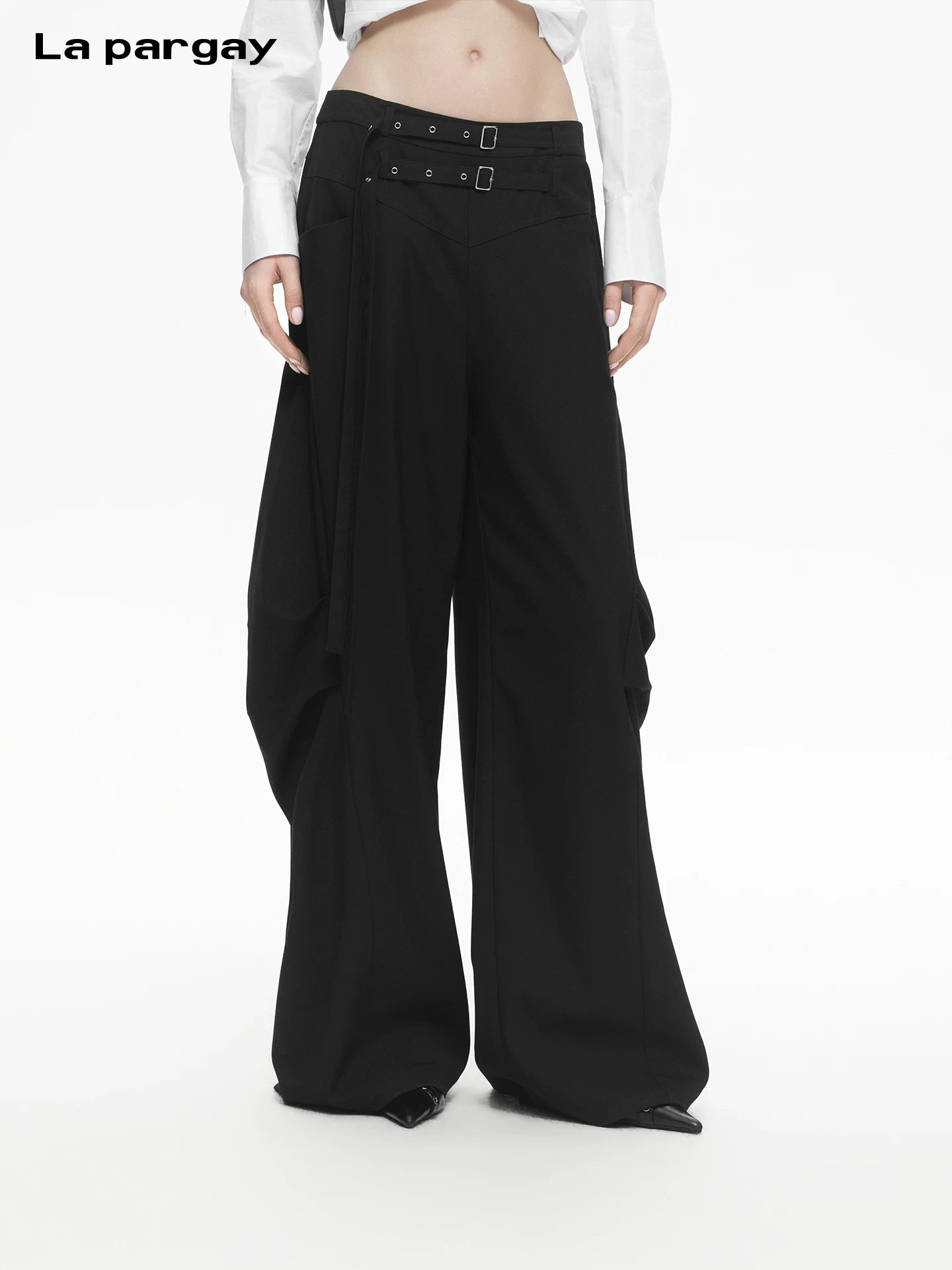 Lapargay Double Waistband Casual Pants, Ribbon Decoration, Pleated Wide-leg Trousers L78102602V - Lapargay