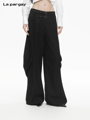 Lapargay Double Waistband Casual Pants, Ribbon Decoration, Pleated Wide-leg Trousers L78102602V - Lapargay