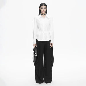 Lapargay Double Waistband Casual Pants, Ribbon Decoration, Pleated Wide-leg Trousers L78102602V - Lapargay