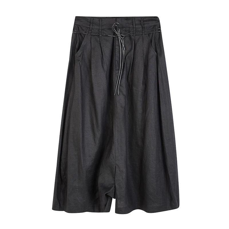 Lapargay Drawstring Waist Cropped Casual Pants High Waist Pleats Loose Comfortable Wide Leg L66302972E - Lapargay