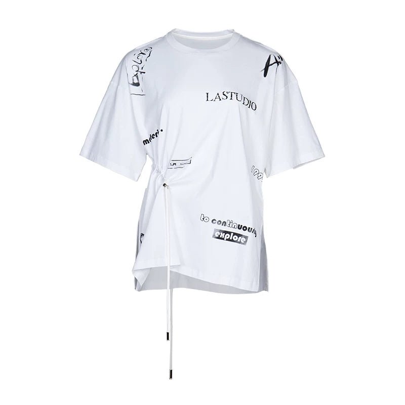 Lapargay Drawstring Waist Graffiti Print Asymmetrical Hem Loose Round Neck T-Shirt L78200206C - Lapargay