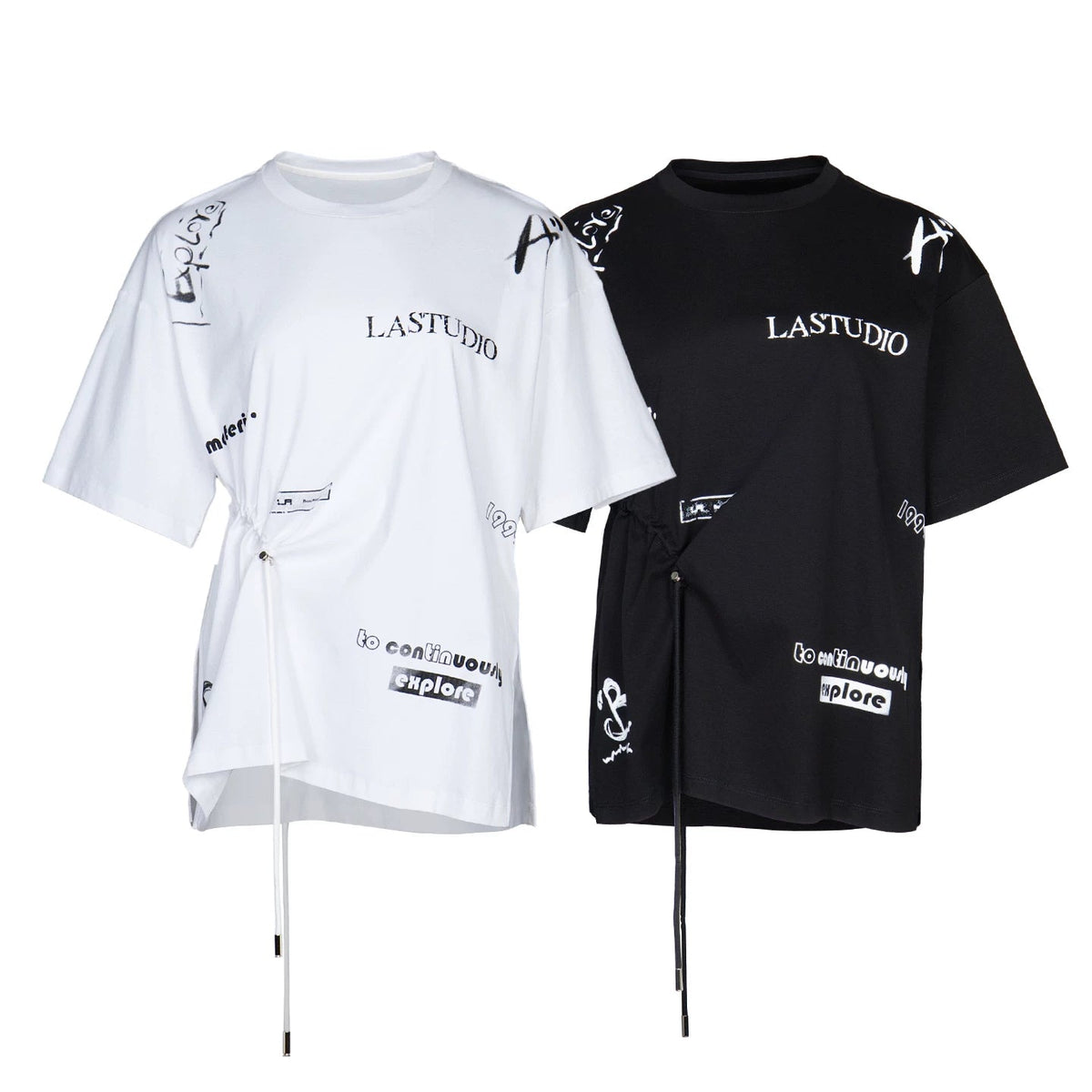 Lapargay Drawstring Waist Graffiti Print Asymmetrical Hem Loose Round Neck T-Shirt L78200206C - Lapargay
