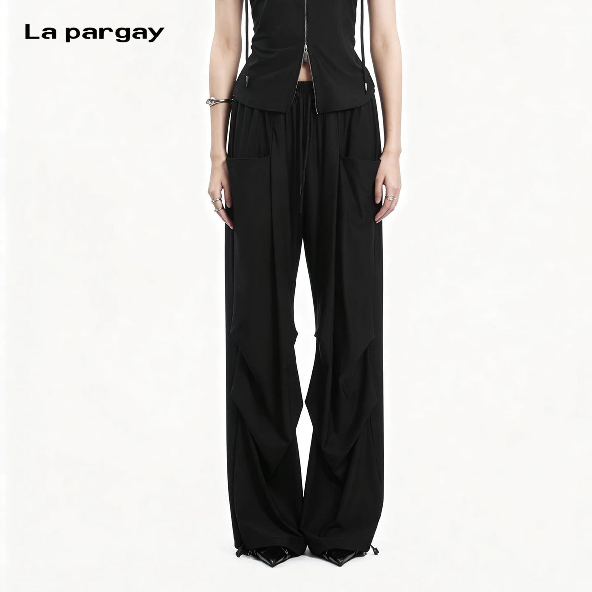 Lapargay Elastic Waist Casual Pants, Large 3D Pockets, Adjustable Hem Design L78202804C - Lapargay