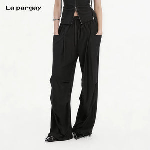 Lapargay Elastic Waist Casual Pants, Large 3D Pockets, Adjustable Hem Design L78202804C - Lapargay