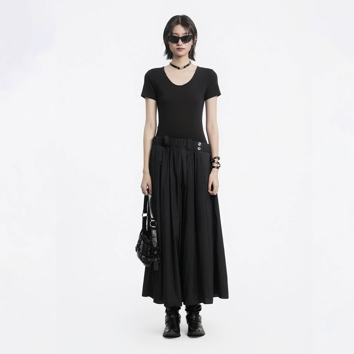 Lapargay Elastic Waist Metal Buckle Dress Long Skirt, Pleated Texture Little Black Dress L78209008V - Lapargay