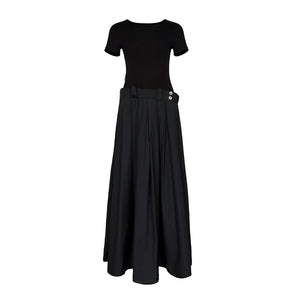 Lapargay Elastic Waist Metal Buckle Dress Long Skirt, Pleated Texture Little Black Dress L78209008V - Lapargay
