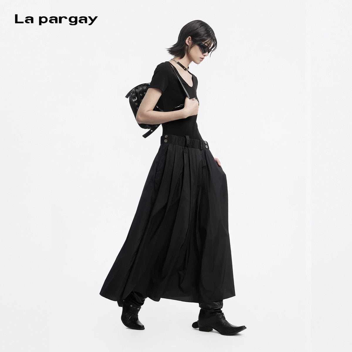 Lapargay Elastic Waist Metal Buckle Dress Long Skirt, Pleated Texture Little Black Dress L78209008V - Lapargay