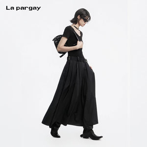Lapargay Elastic Waist Metal Buckle Dress Long Skirt, Pleated Texture Little Black Dress L78209008V - Lapargay