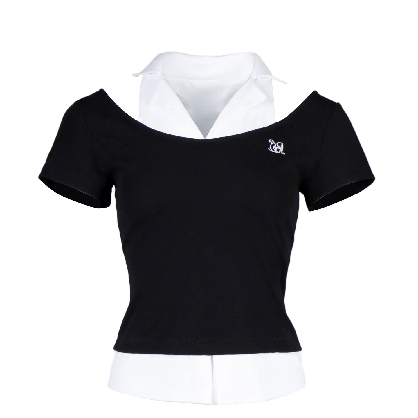 Lapargay faux two-piece shirt collar splicing, large U-neck off-shoulder, short fitted waist slit L78200203C - Lapargay