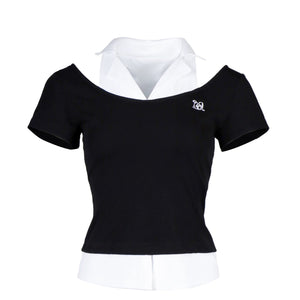 Lapargay faux two-piece shirt collar splicing, large U-neck off-shoulder, short fitted waist slit L78200203C - Lapargay