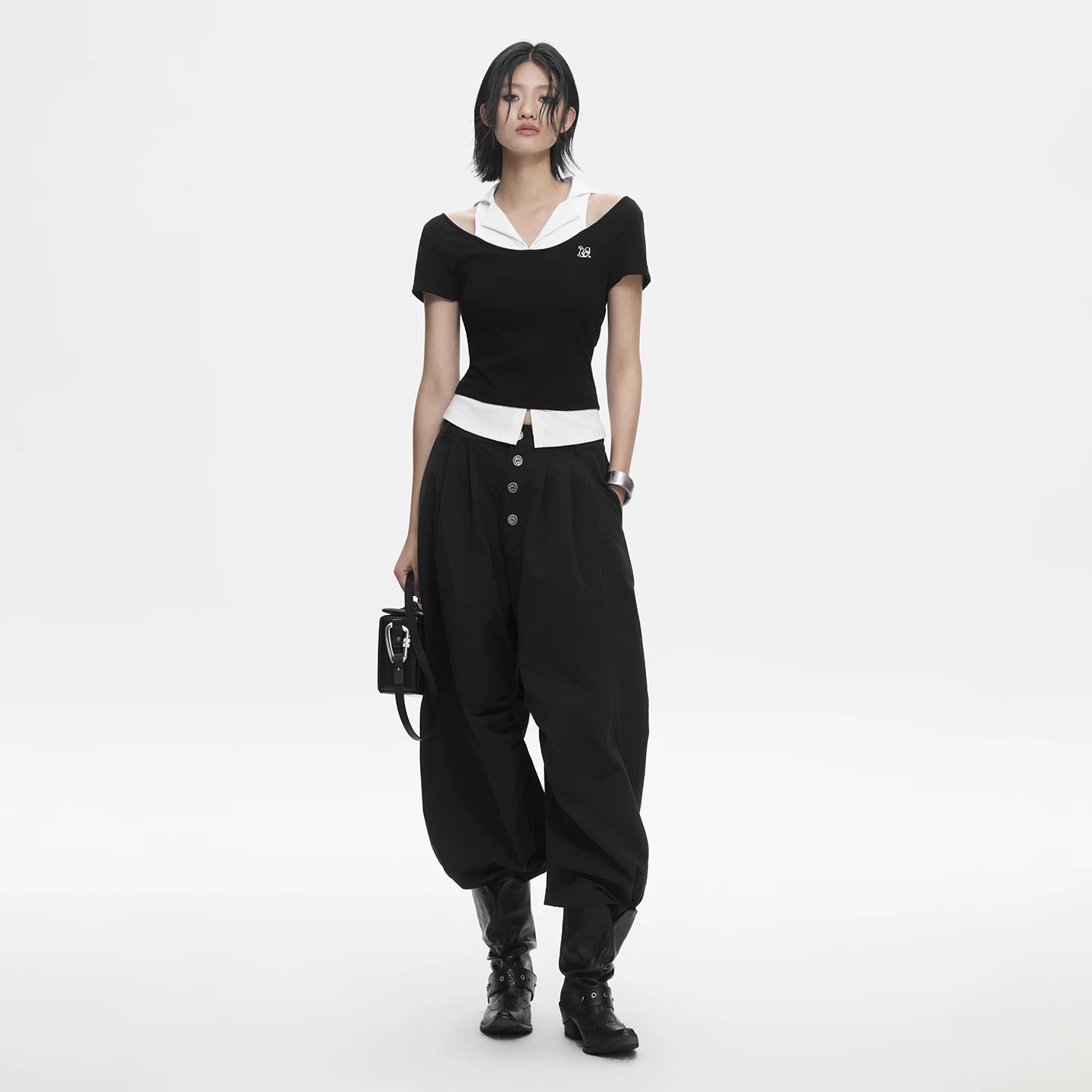 Lapargay faux two-piece shirt collar splicing, large U-neck off-shoulder, short fitted waist slit L78200203C - Lapargay