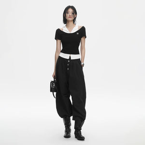 Lapargay faux two-piece shirt collar splicing, large U-neck off-shoulder, short fitted waist slit L78200203C - Lapargay