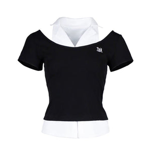Lapargay faux two-piece shirt collar splicing, large U-neck off-shoulder, short fitted waist slit L78200203C - Lapargay