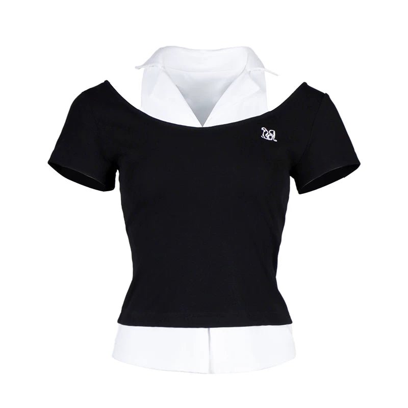Lapargay faux two-piece shirt collar splicing, large U-neck off-shoulder, short fitted waist slit L78200203C - Lapargay