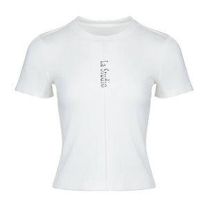 Lapargay Fitted Short T-Shirt Set-in Shoulder Round Neck Design Letter Print Accent L78200217C - Lapargay